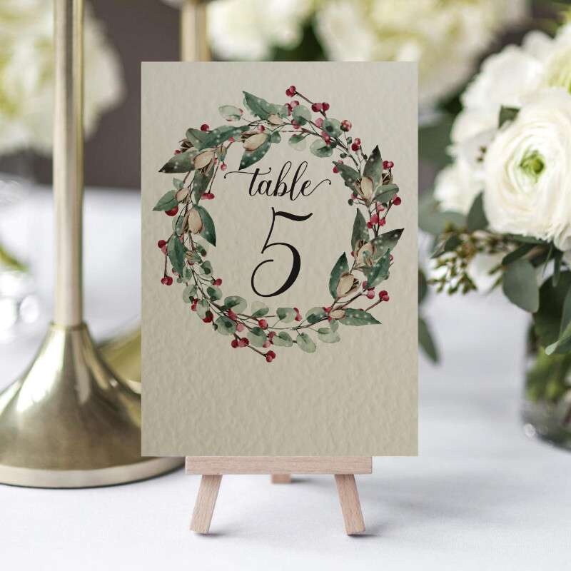 CHRISTMAS wreath TABLE NUMBERS cards Xmas greenery leaves berries ...