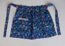 Vintage Blue Flowered Apron Long Ties Pocket Lace Trim Hand Stitched 18 1/2" L