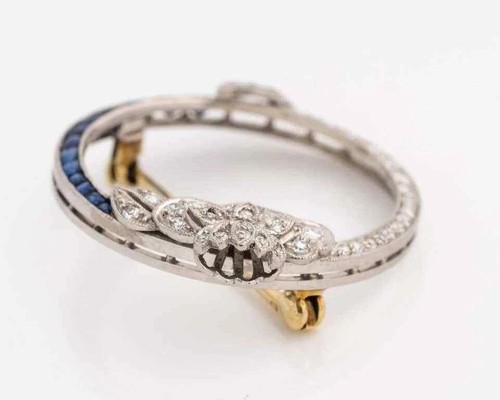 Blue Sapphire & Round White Cubic Zirconia 0.80CT Round Brooch Pin In 935 Silver - Picture 2 of 6
