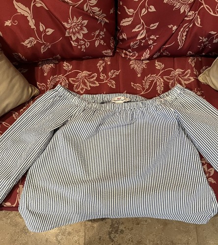 Woman VINEYARD VINES blue White Seersucker Stripe Off Shoulder Shirt Sz 2 Top - Picture 2 of 7