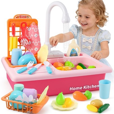 Kinder Spielküche Spüle Spielzeug Fließendes Wasser Geschirrspüler Rosa Rollenspiel 3+