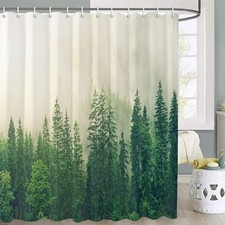 Green Misty Forest Shower Curtain Set Nature Mountain Scenery Pine Tree