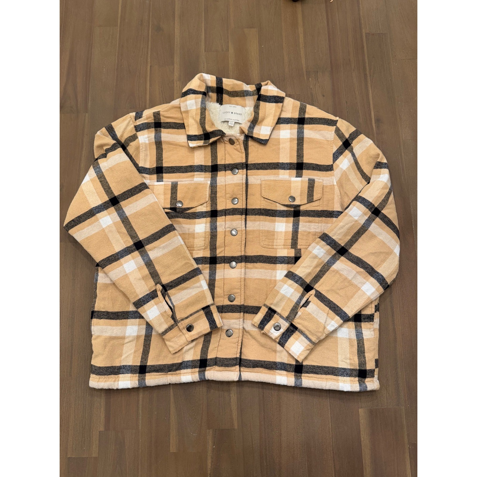 Lucky Brand Plaid Sherpa Lined Shacket Jacket Womens Size Large Tan Black White