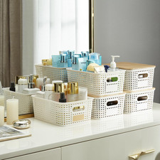 Small Plastic Storage Bins with Bamboo Lids 5.2Qt Stackable Box Basket Pantry...