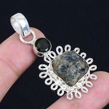 Attractive Black Rutile Rough, Peridot 925 Sterling Silver Pendant 1.96"