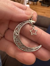 Silver Moon With Hanging Star Pendent Charm For Necklace