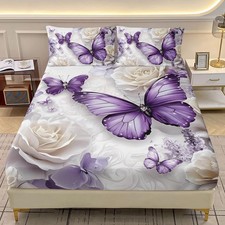 Purple Butterfly Girls Sheets Set Twin Size, Beautiful Flower Butterfly Beddi...