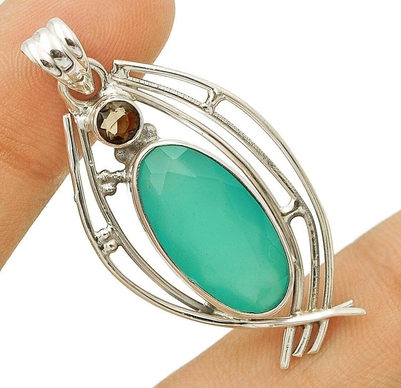 Natural Aquamarine Chalcedony 925 Sterling Silver Pendant 1 3/4'' Long @1-5