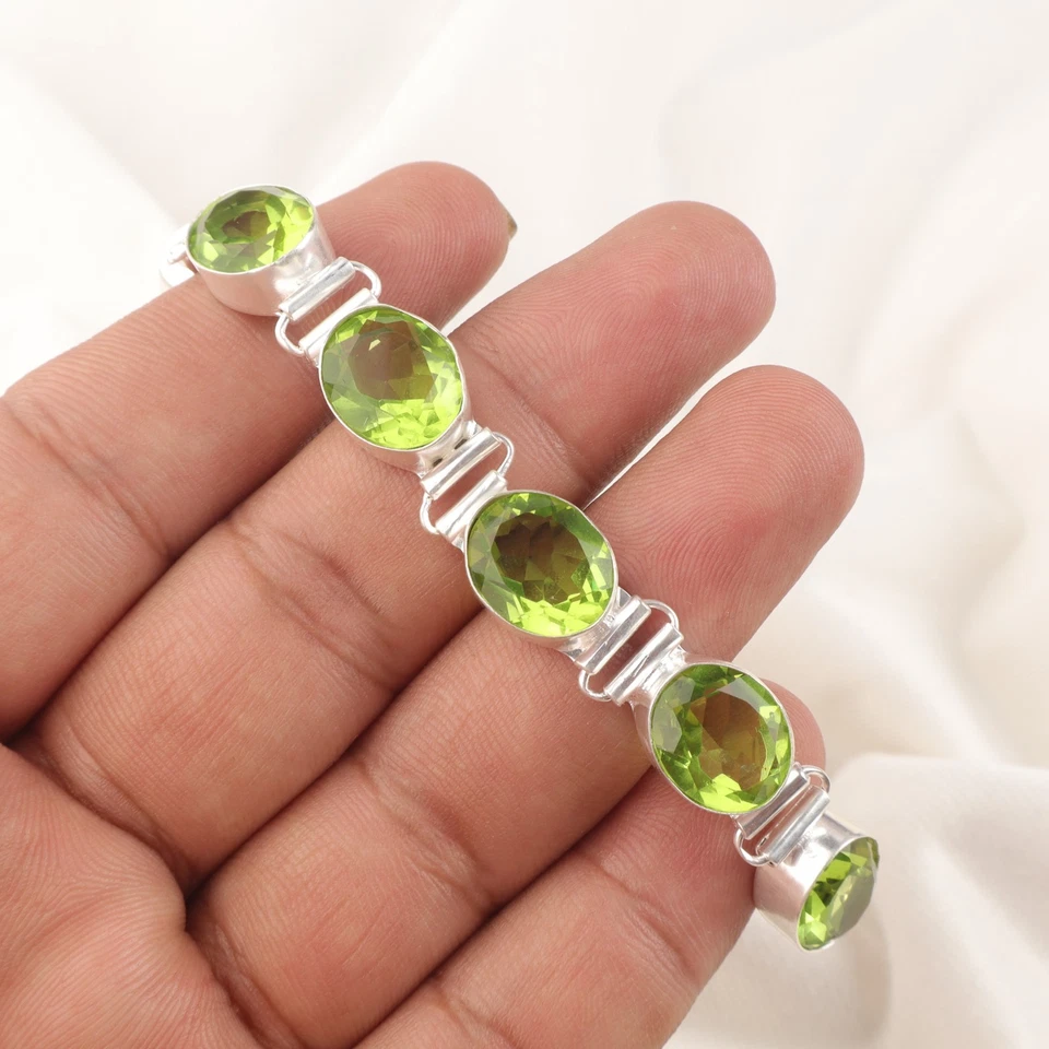 Peridot Gemstone 925 Sterling Silver Handmade Jewelry Bracelet 8" - Image 3 of 4
