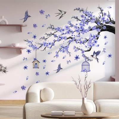 Purple Flower Tree Wall Stickers Bird Tree Branch Wall Decals for Living Room...