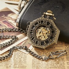Hexagonal skeleton pocket watch with chain, mechanical hand-wind, Roman numerals