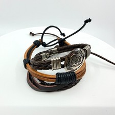 Bracelet Vintage Brown Faux Leather Set St Benedict Medal Braided Cord Religion