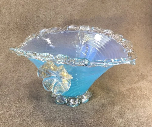 Rare Vintage Murano Italian Hand Blown Glass Bowl Blue Swirl / Gold Flecks