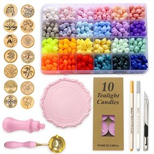 Wax Seal Stamp Kit with 24 Colors Wax Beads,14 Stamp Heads,Stamp Spoon, Plast...