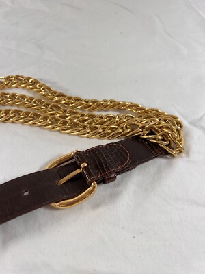 Rare GUCCI Brown Lizard and Leather Triple Golden Chain Belt 26\