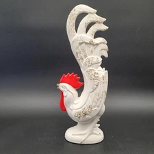 Vintage Mid Century White Red Gold Rooster Figurines Artmark 12.5" MCM Farm