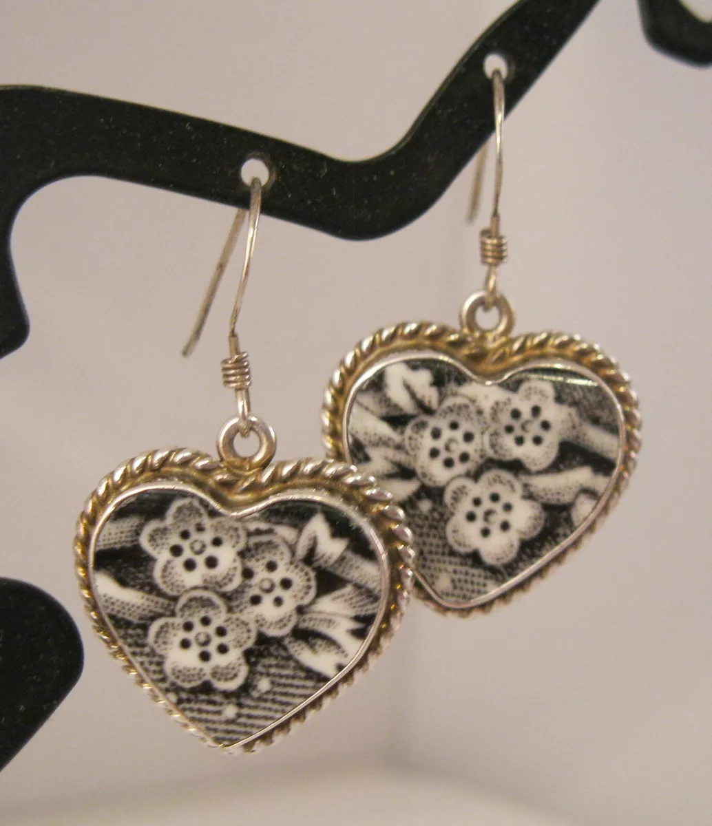 Vintage JSVR Jacqueline Smiley 950 Fine Sterling Silver Porcelain Heart Drop