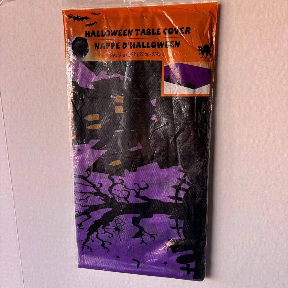 Vintage Halloween Table Cover Haunted Castle & Bats 54”x108” New Old Stock NOS - Image 2 of 4