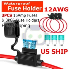 3 Pack 12 Gauge 15A ATC Mini Blade Holder Copper Wire Add Circuit Fuse Tap