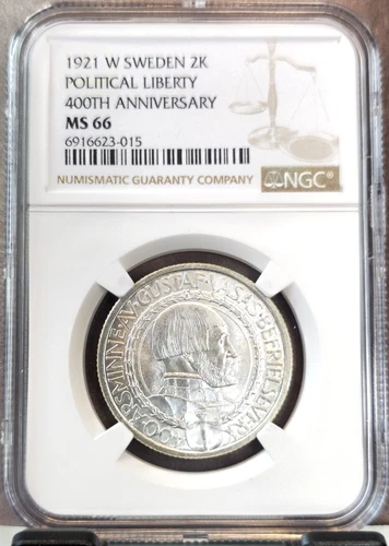 1921 SWEDEN SILVER 2 KRONOR POLITICAL LIBERTY 400TH ANNIVERSARY NGC MS 66 GEM BU
