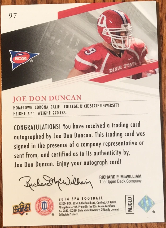 2014 SP Authentic Autographs Joe Don Duncan #97 Dixie State Trailblazers - Image 2 of 2