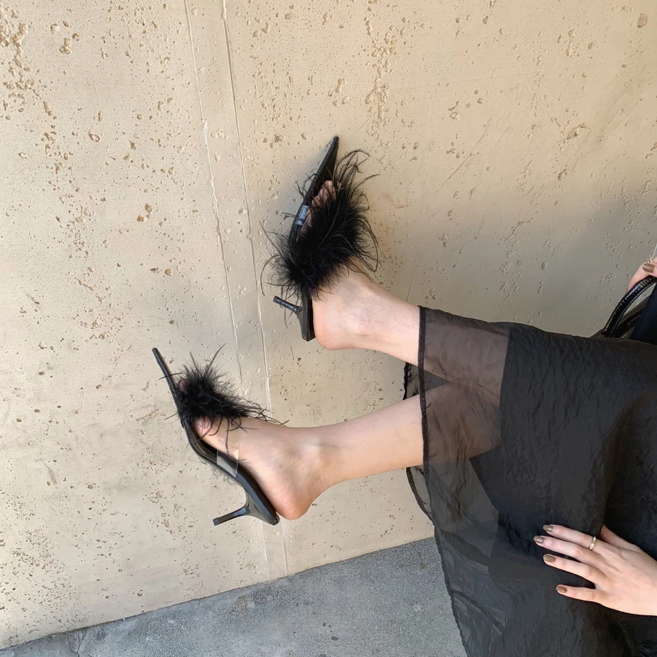Mujeres Tacones Punta Punta Stiletto Zapatos de Fiesta Pluma Zapatillas Zapatos de Mula Sandalias Foto 3 de 4