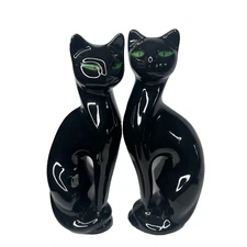 VTG Artmark Fine Ceramic Midnight Shadows Pair of Black Cats Green Eyes 12.5 in