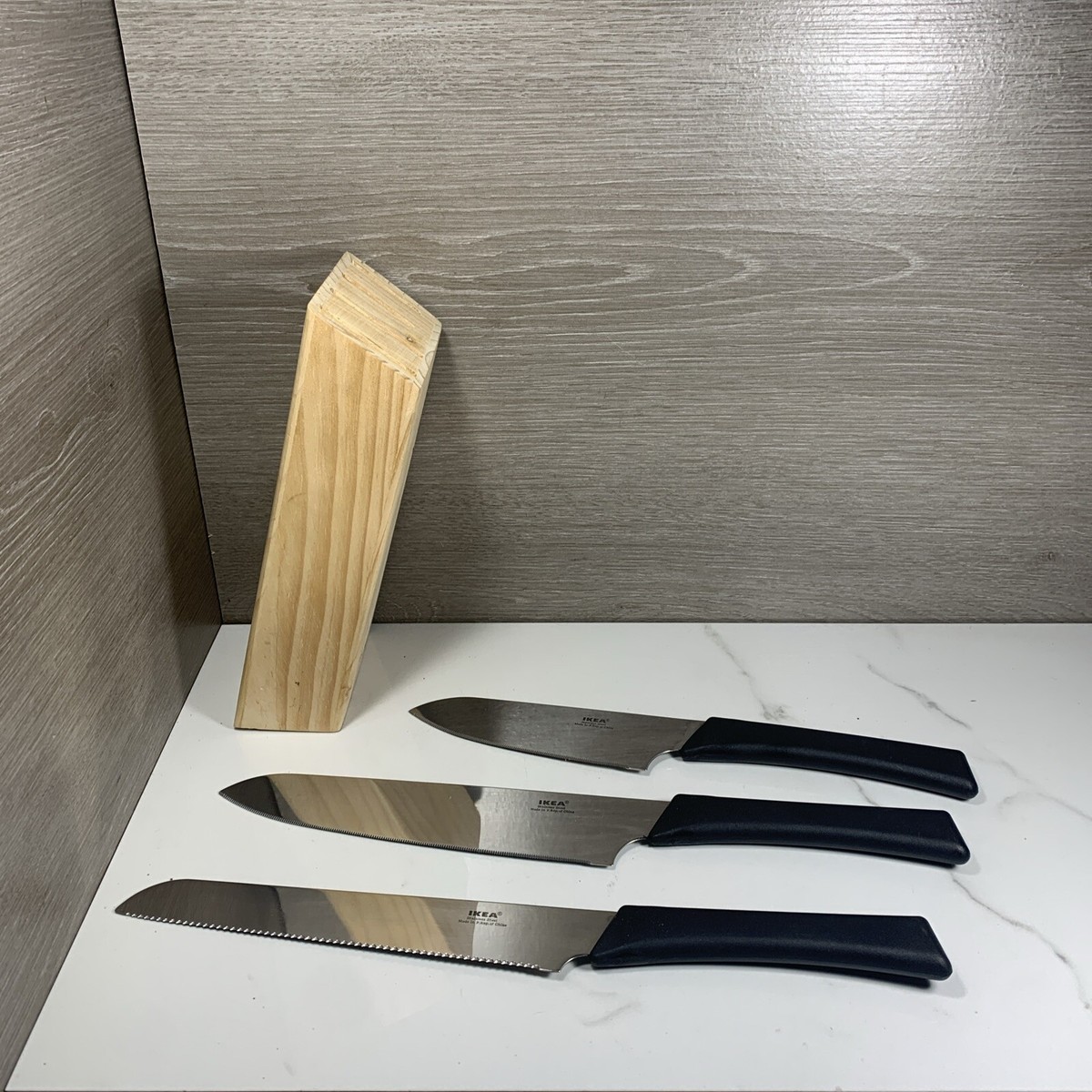 IKEA Knife Set Black Handle Stainless Steel Wood Block 3 Piece | eBay
