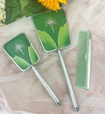 1930's 3-Piece Vanity Boudoir Set Two-Tone GREEN Plastic Art Deco FLORAL Design