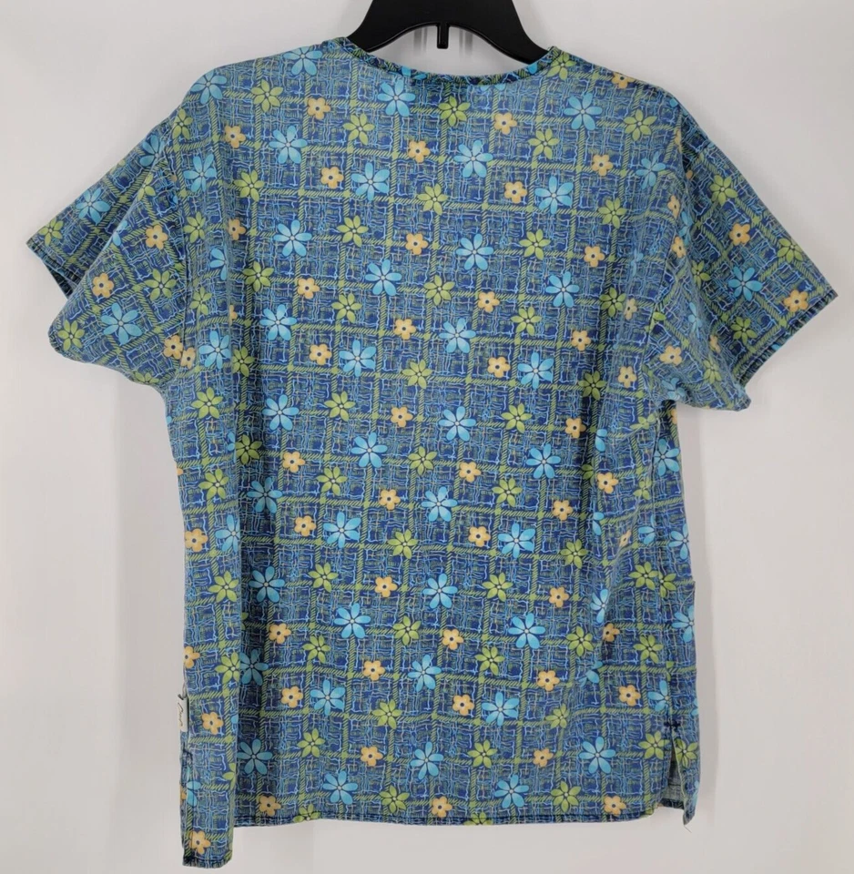 Crest Scrub Top V-Neck ~ Size XS ~ Blue Yellow Green Spring Flowers - Image 2 of 3