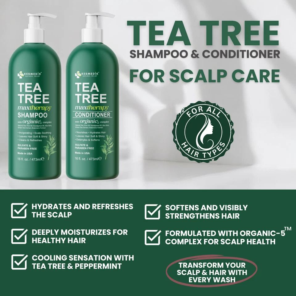 Kesmedik Tea Tree Shampoo & Conditioner Set for Itchy & Dry Scalp, 16 fl oz Each - Image 4 of 4