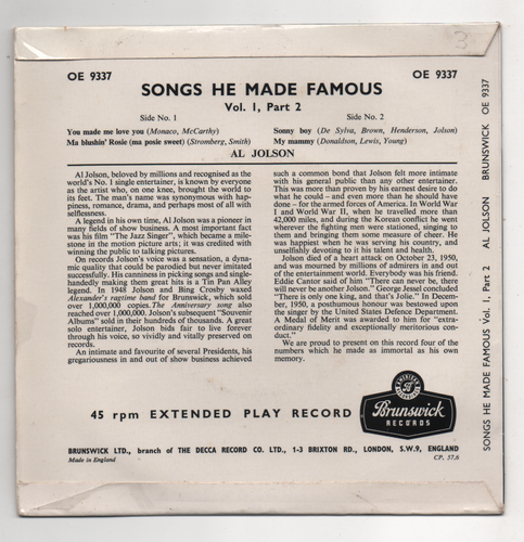 AL JOLSON - SONGS HE MADE FAMOUS VOL. 1, PART 2. (UK, 57, EP, BRUNSWICK, OE 9337 - Picture 2 of 3