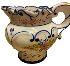 Hand Painted Floral Portugal Creamer Vase Pitcher Handle Signed Vtg Blue White 