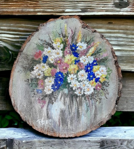 Picture Acryl Paint Wooden Slice Flower Bunch Bark Moss Natural Signed Certifed - Picture 6 of 12