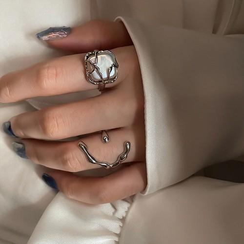 Chunky Silver Ring Set For Women Liquid Metal Molten Ring Adjustable UK - Bild 3 von 7