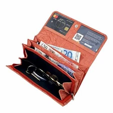 Ladies RFID Flap Over Long Purse Real Distressed Hunter Leather Clutch Wallet