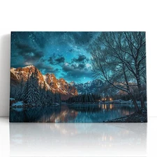 Night Sky Mountain Lake Canvas Print Wall Art – Winter Forest Landscape Decor