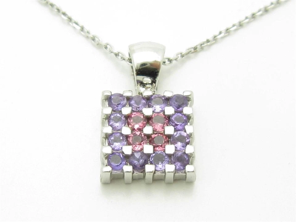 Pingente Berloque Design Quadrado Ouro Branco 14kt Ametista Genuína e Turmalina Rosa