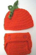 CROCHET BABY PUMPKIN HAT DIAPER COVER SET knit infant toddler beanie photo prop
