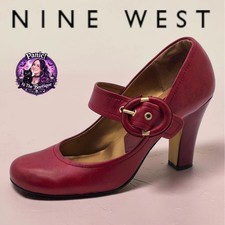 Nine West Vintage Style Mary Jane Pumps Women 6.5 Red Leather Block Heels Retro