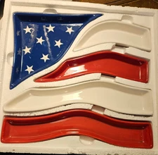 Patriotic Home Interiors Stars & Stripes American Flag 5 pc Serving Tray Set NEW