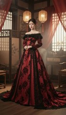 Vintage Victorian Wedding Dress Burgundy LongSleeve Floral Print Bridal Gowns