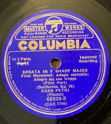 Egon Petri on 78 rpm Columbia 68939-D: BEETHOVEN Sonata in F# Op 78 (2 parts)