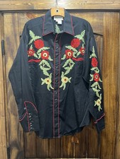 Rockmount Ranch Wear Shirt Mens Large Black Western Floral Pearl Snap