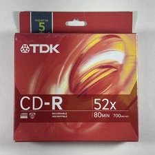 TDK CD-R 52X Recordable 80Min 700MB/MO 5 Pack New Sealed (A16)