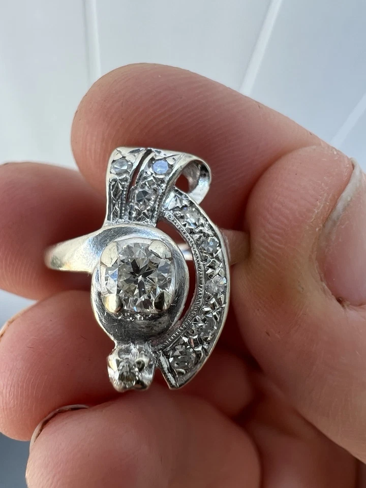 Antiguo anillo Hollywood DIAMANTE ORO BLANCO 14k aprox.7tcw detalle arco retro glamoroso Foto 3 de 4