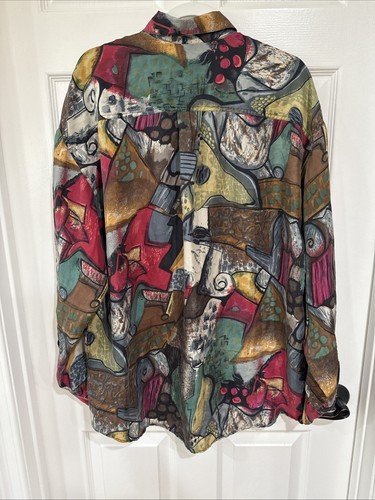 Goouch VTG Men's LG 100% Silk Long Sleeve Shirt Abstract Art to Wear SEE NOTE - 第 7/23 張圖片