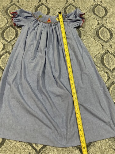 Smockadot Smocked Embroidered Back To School Dress Girl’s Sz 7 Blue Bus Tree - Picture 6 of 10