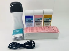 Roll-On Wax Kit Heater + 3 Cartridges, 100 Strips, After-Wax Wipes – Hair Remova