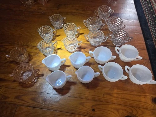 10 Sets Jeanette Cubist Creamer & Sugar.  Clear White Milk & Pink